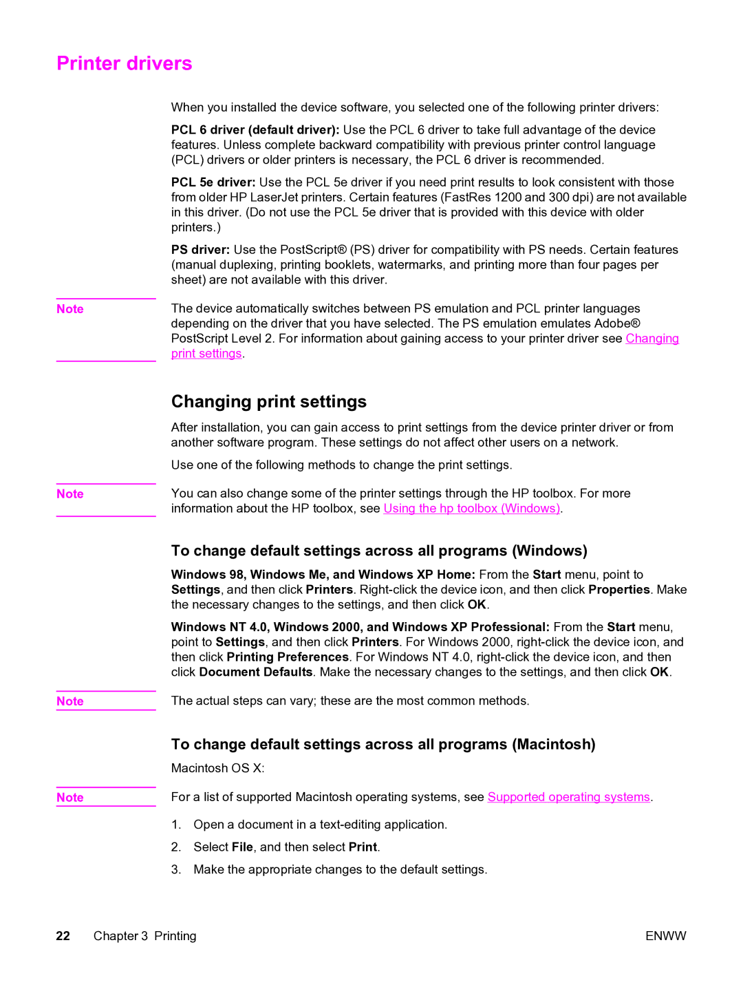 HP 3020 manual Printer drivers, Changing print settings, To change default settings across all programs Windows 