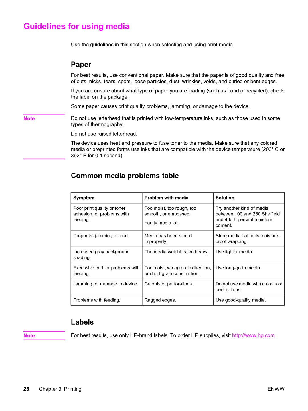 HP 3020 manual Guidelines for using media, Paper, Common media problems table, Labels 