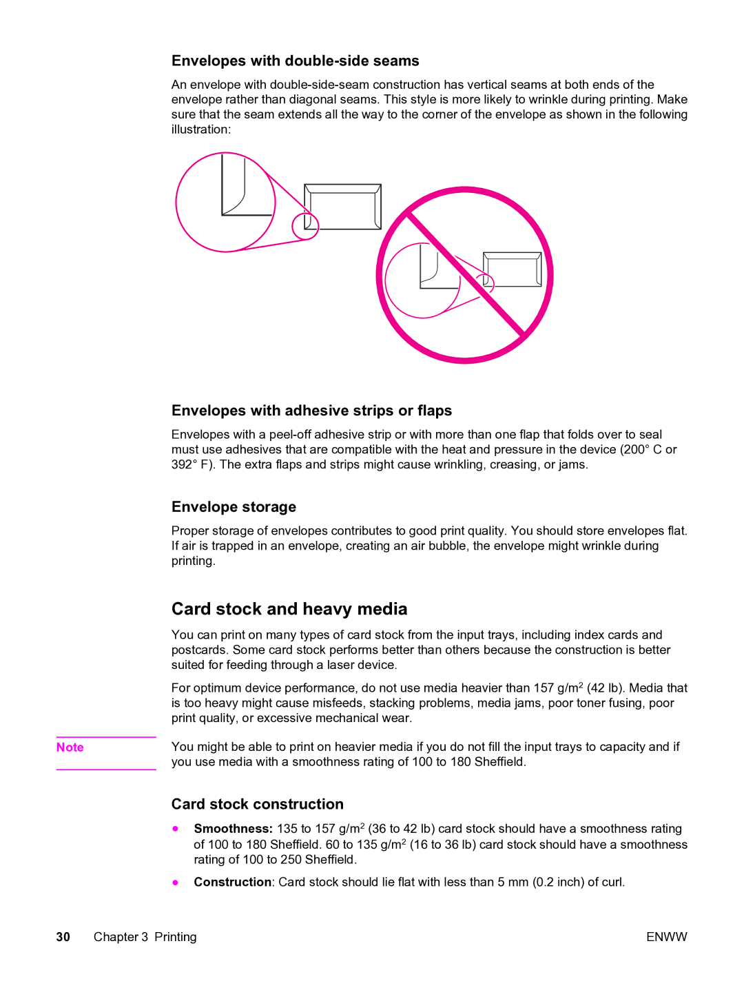 HP 3020 manual Card stock and heavy media, Envelopes with double-side seams, Envelopes with adhesive strips or flaps 