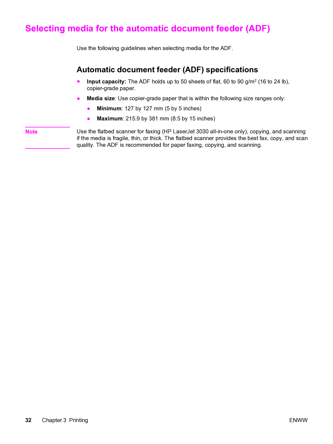 HP 3020 manual Selecting media for the automatic document feeder ADF, Automatic document feeder ADF specifications 