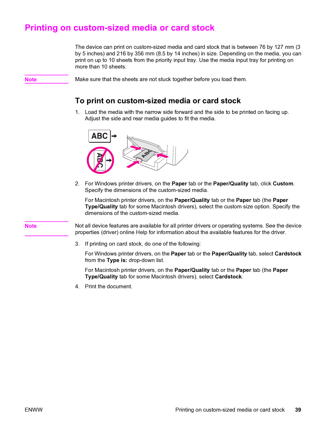 HP 3020 manual Printing on custom-sized media or card stock, To print on custom-sized media or card stock 