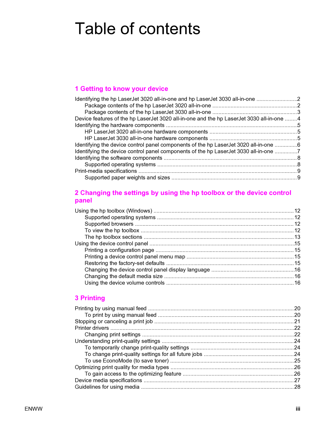 HP 3020 manual Table of contents 