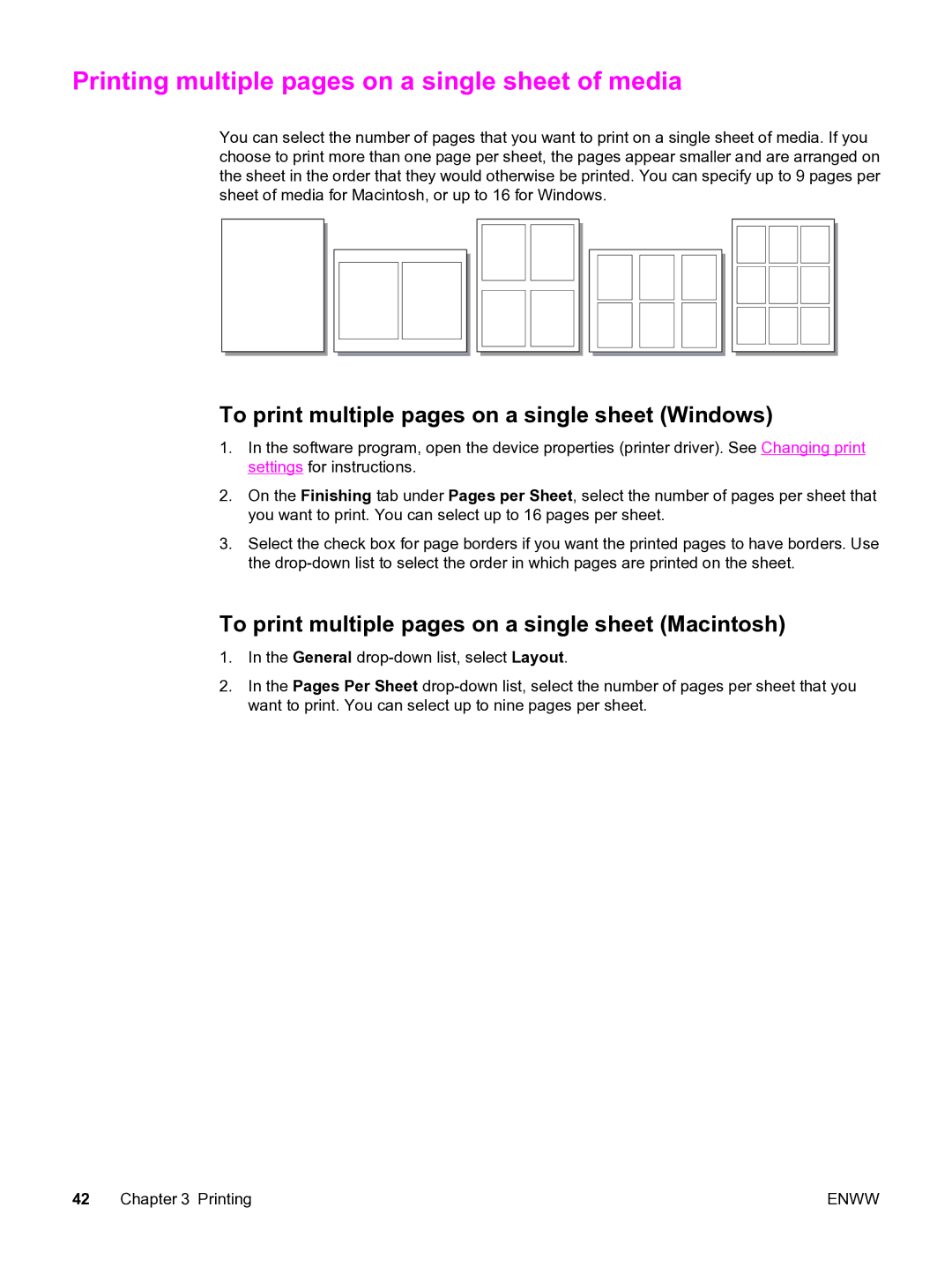 HP 3020 manual Printing multiple pages on a single sheet of media, To print multiple pages on a single sheet Windows 