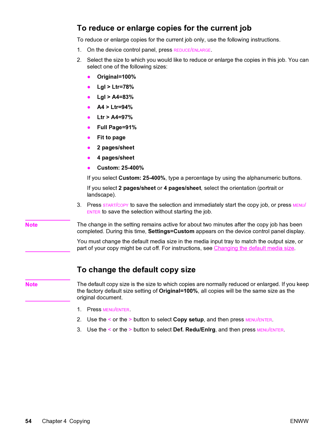 HP 3020 manual To reduce or enlarge copies for the current job, To change the default copy size 