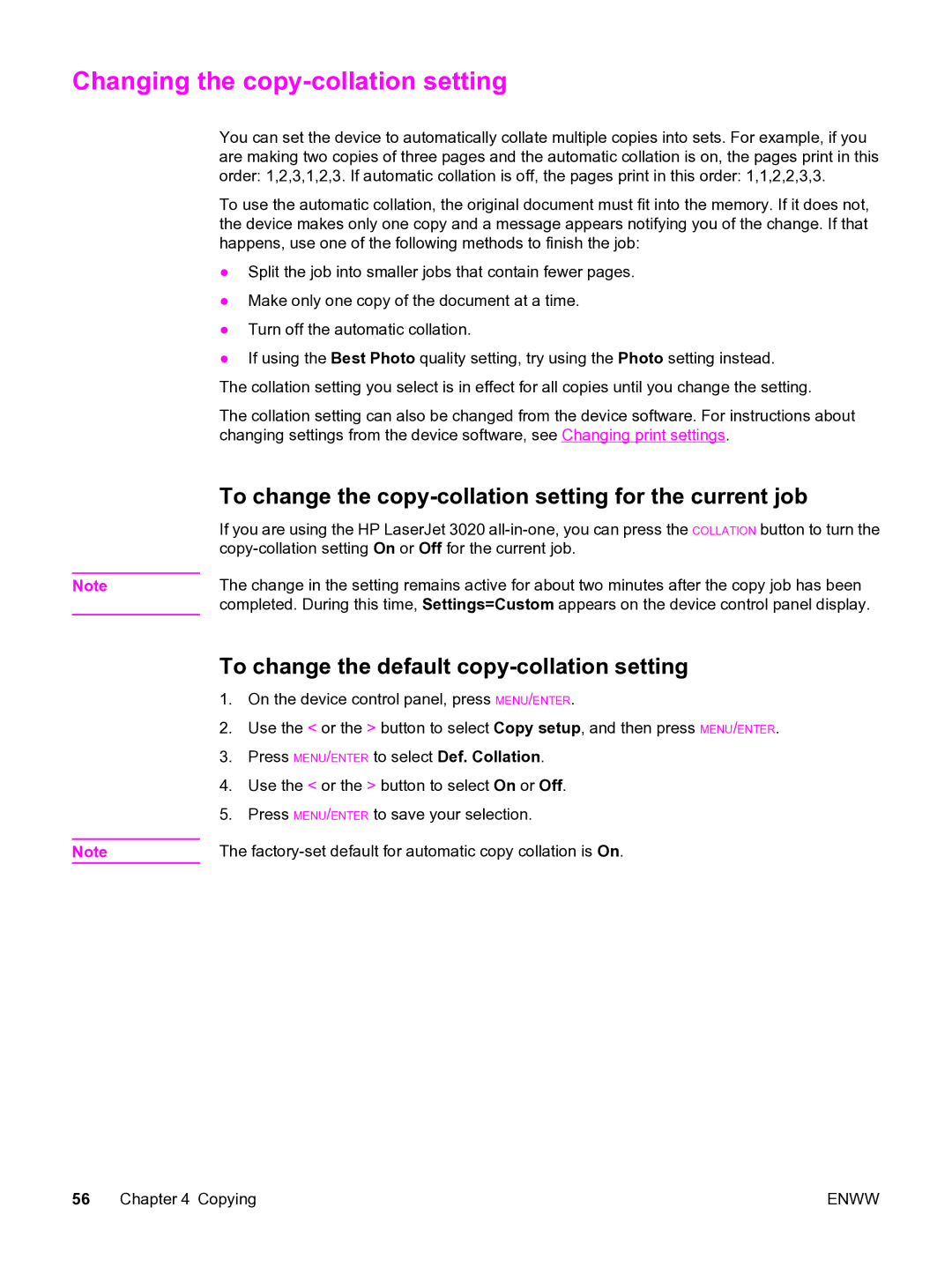 HP 3020 manual Changing the copy-collation setting, To change the copy-collation setting for the current job 