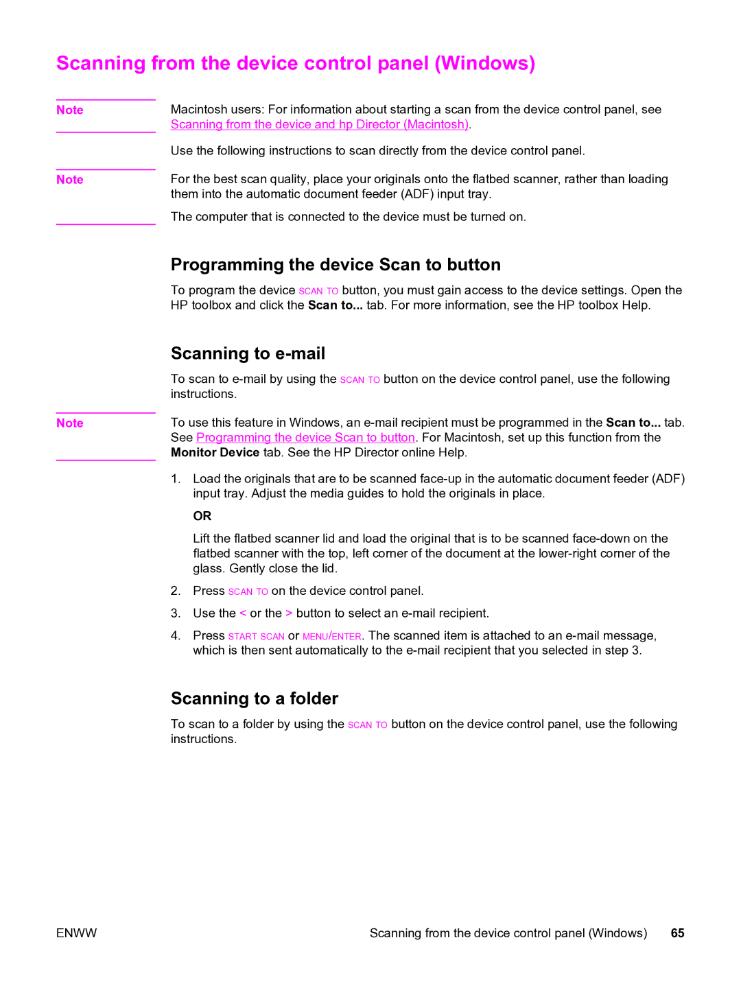 HP 3020 manual Scanning from the device control panel Windows, Programming the device Scan to button, Scanning to e-mail 