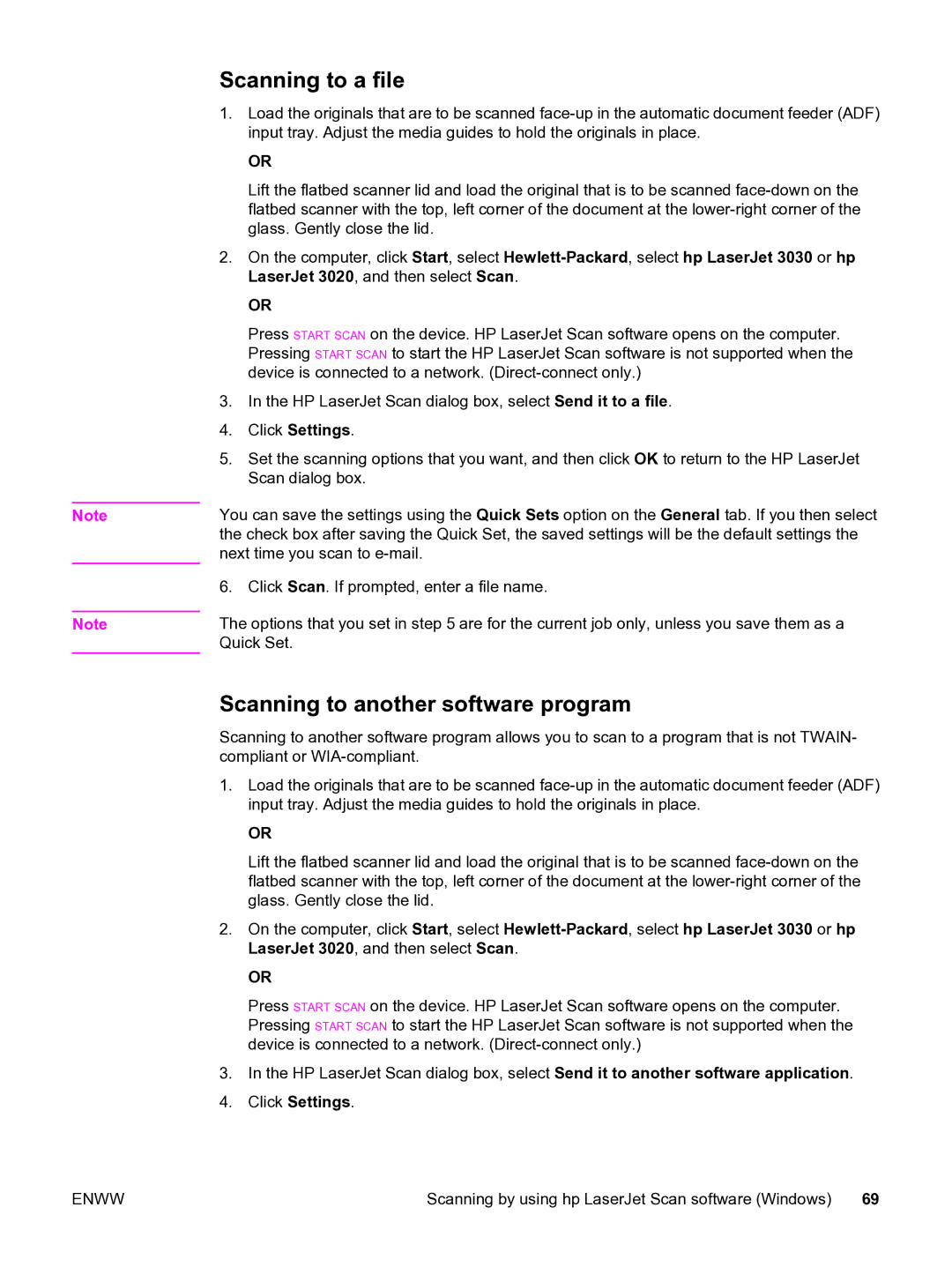 HP 3020 manual Scanning to a file, Scanning to another software program 