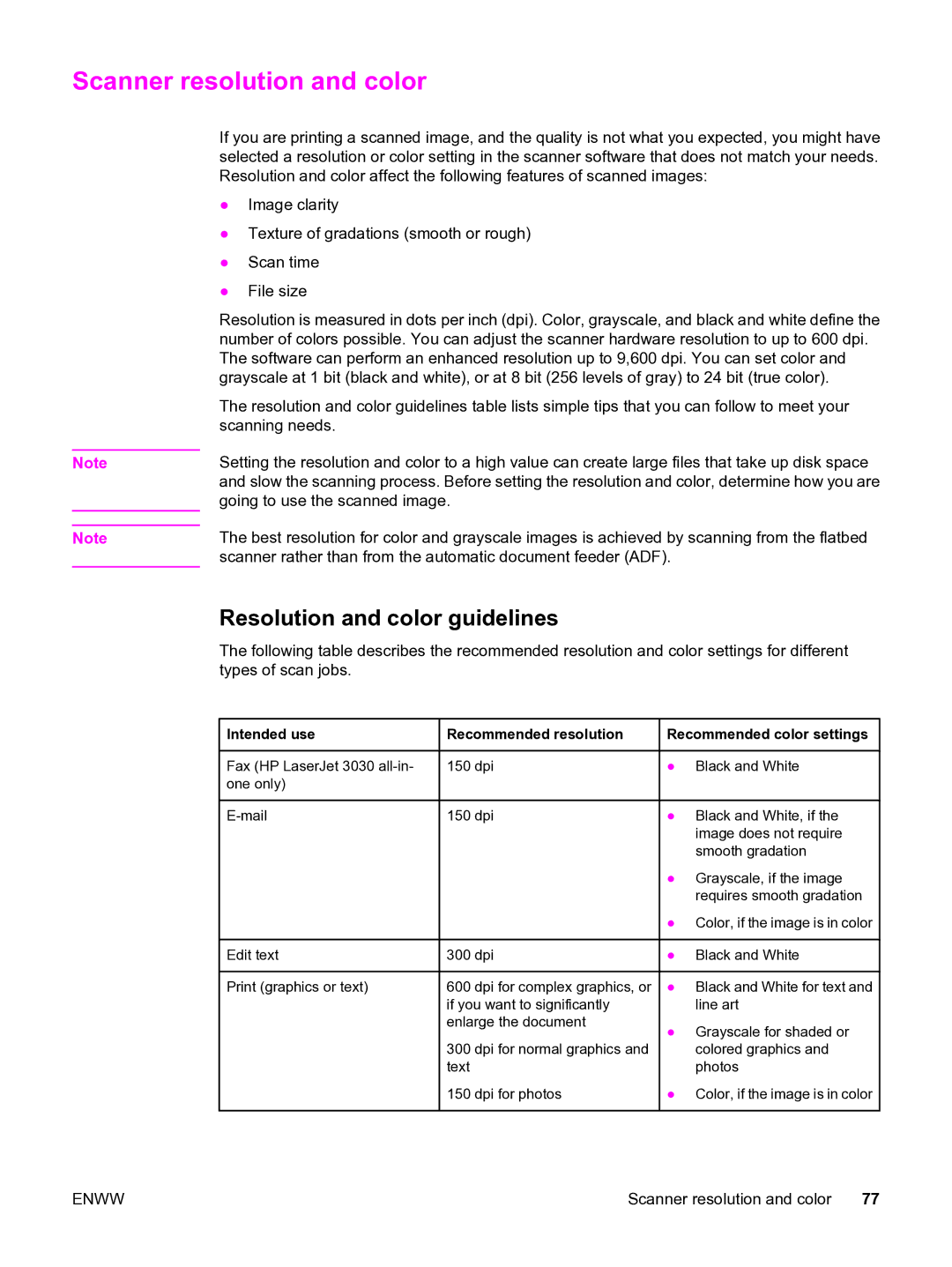 HP 3020 manual Scanner resolution and color, Resolution and color guidelines 