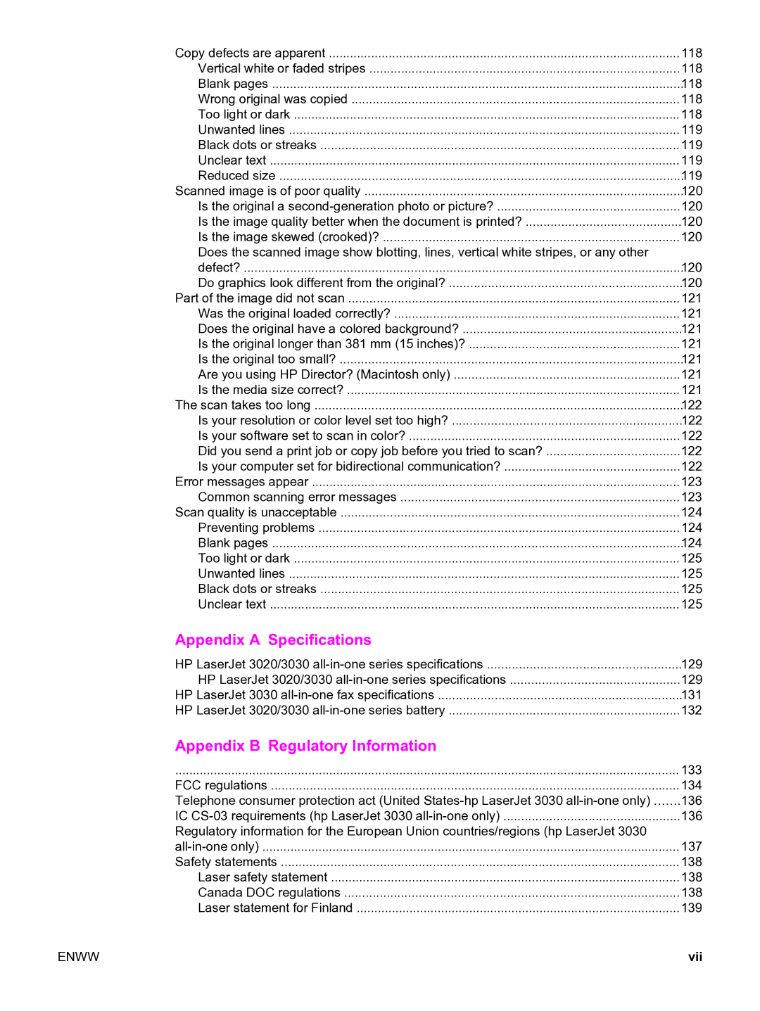 HP 3020 manual Appendix a Specifications, Vii 