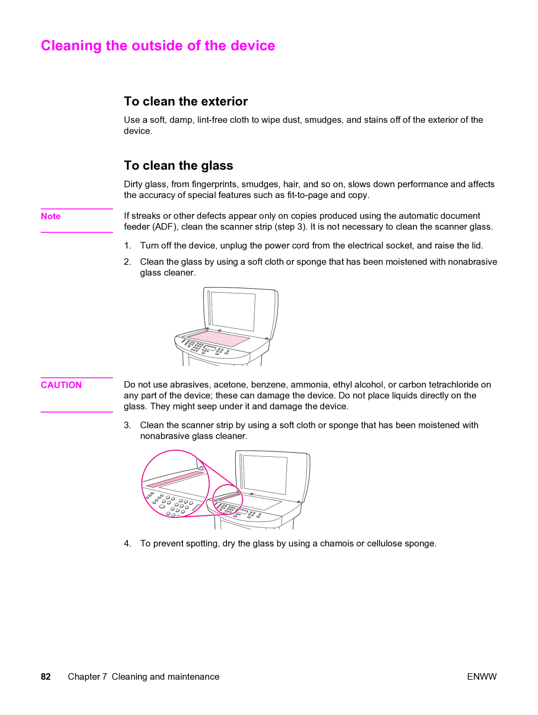 HP 3020 manual Cleaning the outside of the device, To clean the exterior, To clean the glass 