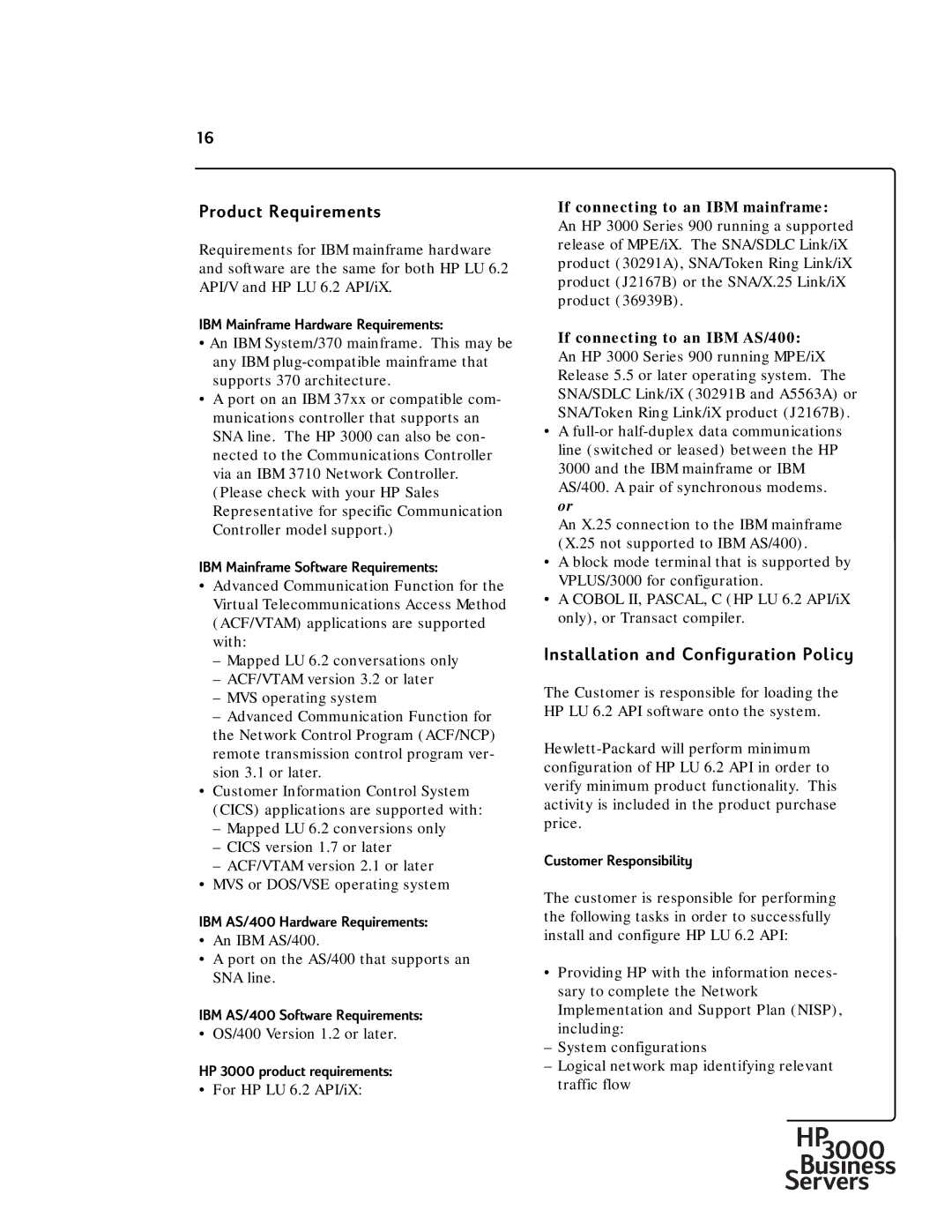 HP 30292B manual IBM Mainframe Hardware Requirements, IBM Mainframe Software Requirements, IBM AS/400 Hardware Requirements 