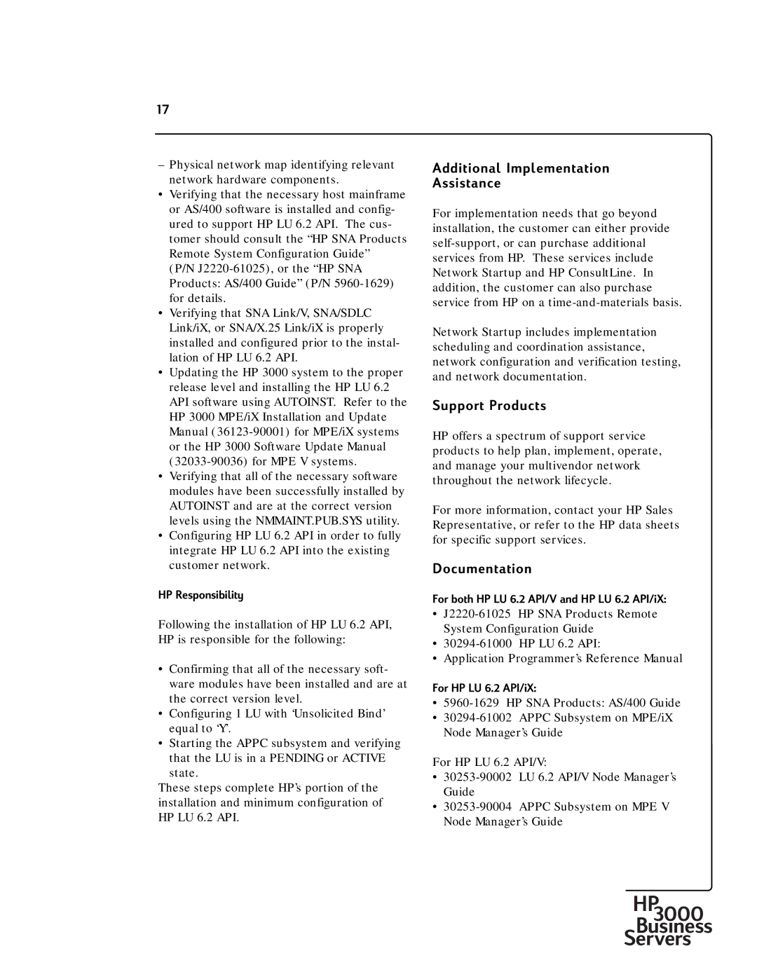 HP 30292B manual For both HP LU 6.2 API/V and HP LU 6.2 API/iX, For HP LU 6.2 API/iX 