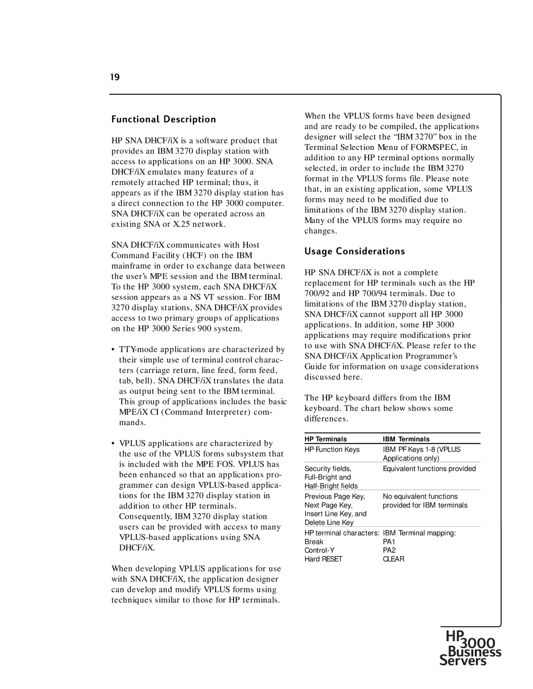 HP 30292B manual Usage Considerations, HP Terminals IBM Terminals 