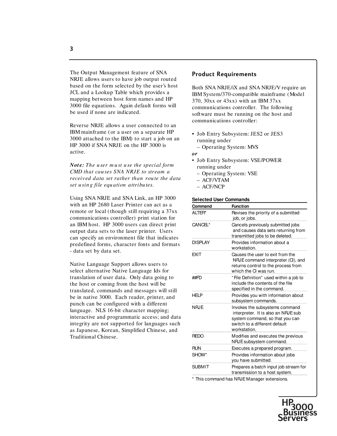 HP 30292B manual Product Requirements, Selected User Commands, Command Function 