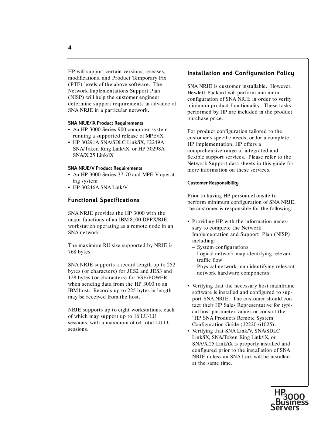 HP 30292B manual Functional Specifications, Installation and Configuration Policy, SNA NRJE/iX Product Requirements 