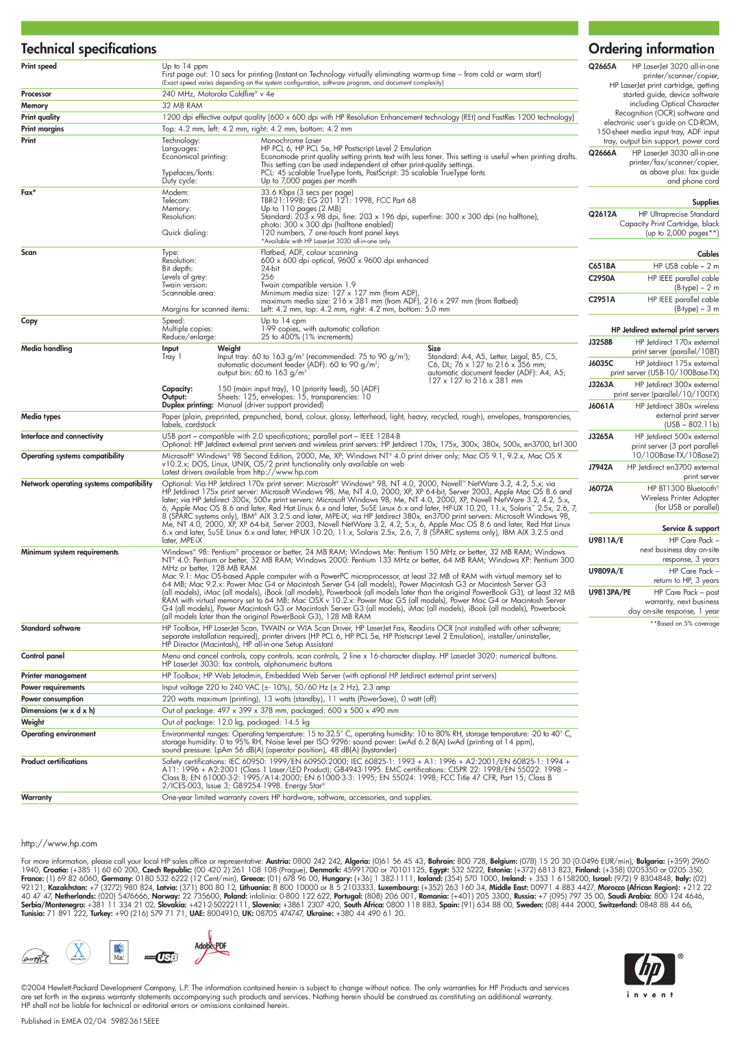 HP 3030 manual Technical specifications, Ordering information, Mb Ram 