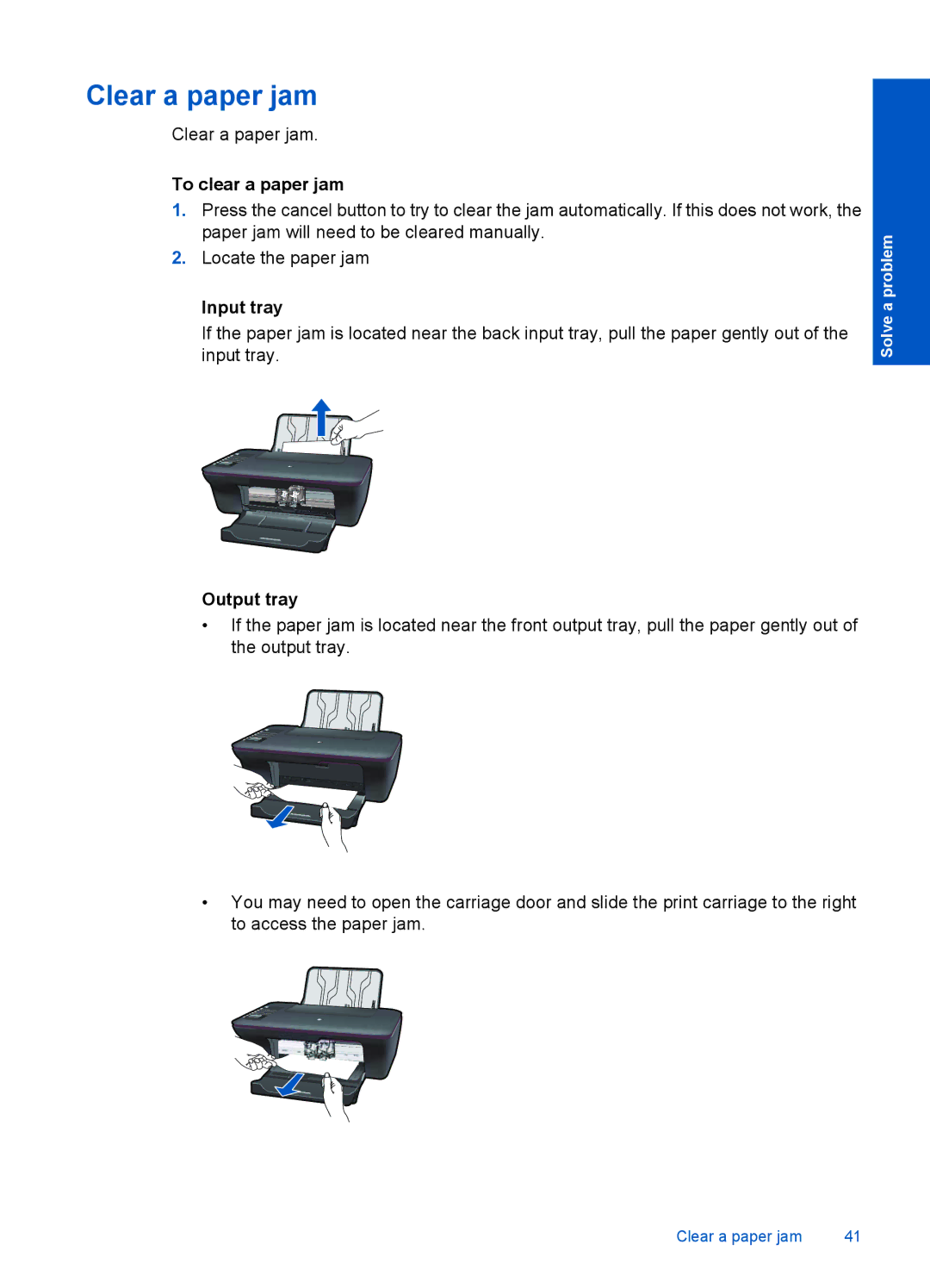 HP 3050 J610A CH376A#B1H manual Clear a paper jam, To clear a paper jam, Input tray, Output tray 