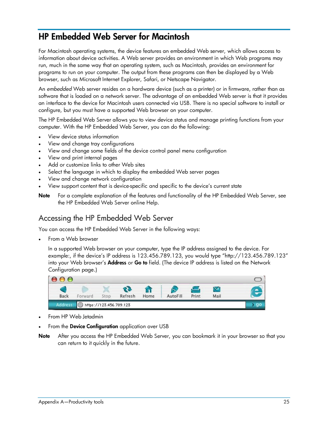 HP 3050 manual HP Embedded Web Server for Macintosh, Accessing the HP Embedded Web Server 