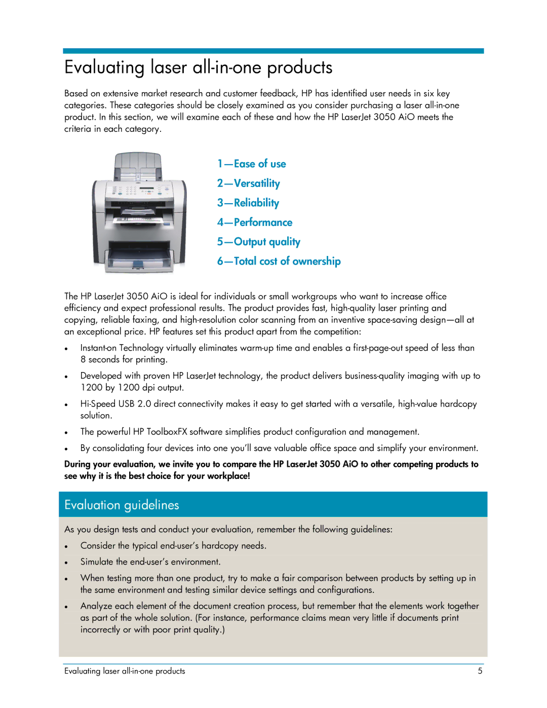 HP 3050 manual Evaluating laser all-in-one products, Evaluation guidelines 