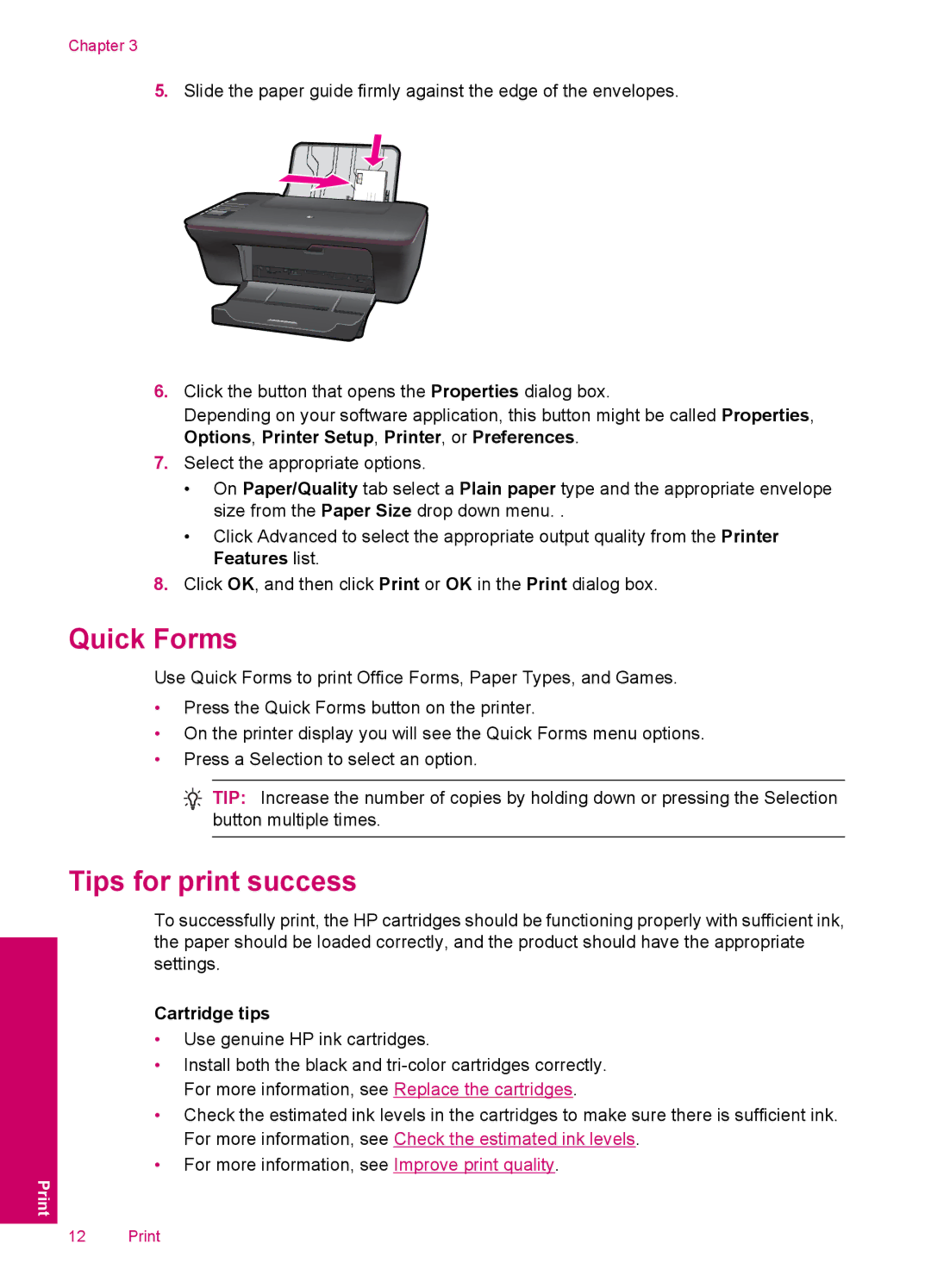 HP 3054 - J610a, 3050 - J610a manual Quick Forms, Tips for print success, Cartridge tips 