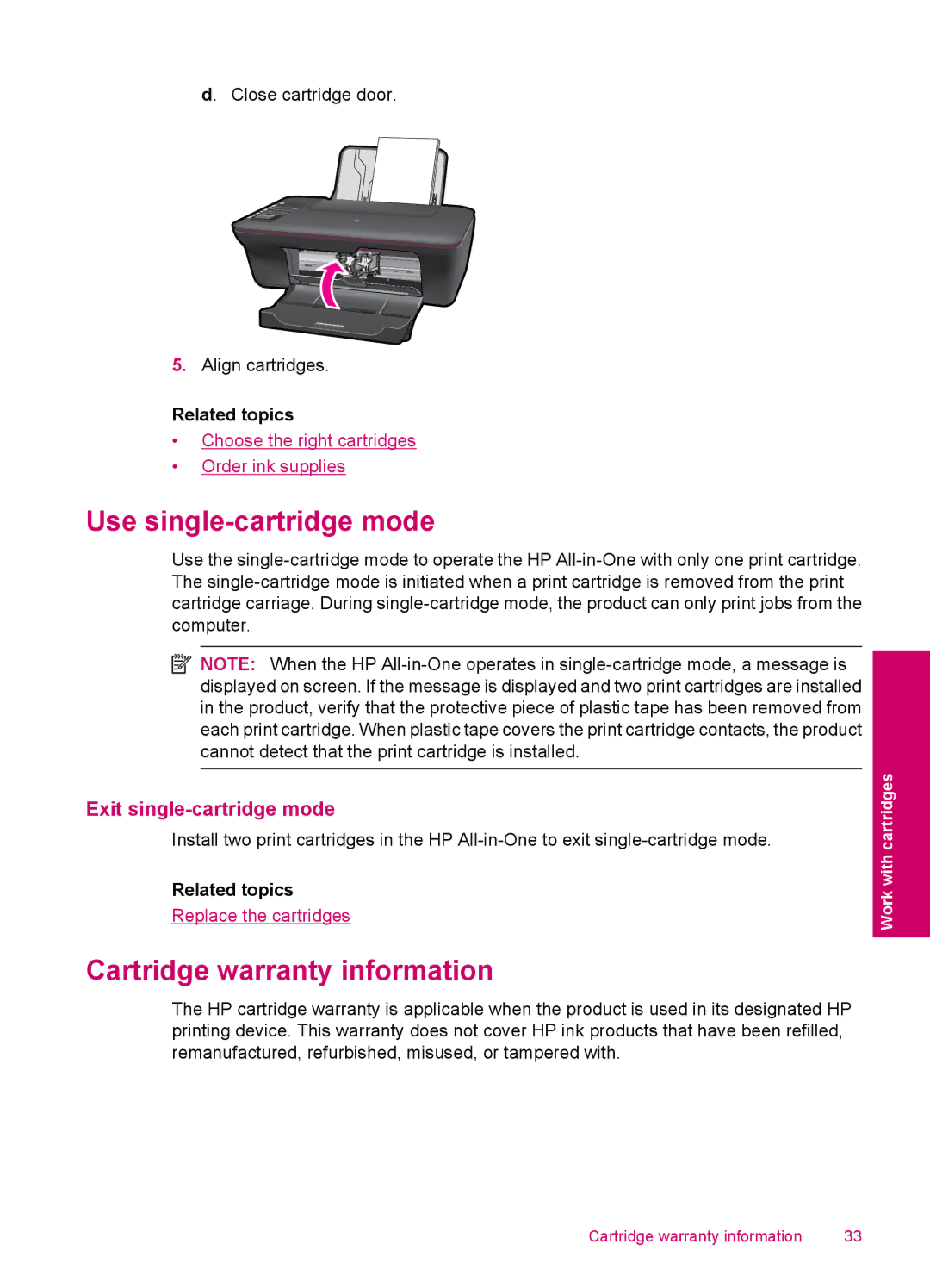 HP 3050 - J610a, 3054 - J610a manual Use single-cartridge mode, Cartridge warranty information 