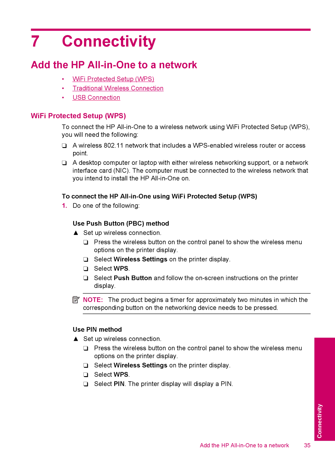 HP 3050 - J610a, 3054 - J610a Connectivity, Add the HP All-in-One to a network, Use Push Button PBC method, Use PIN method 