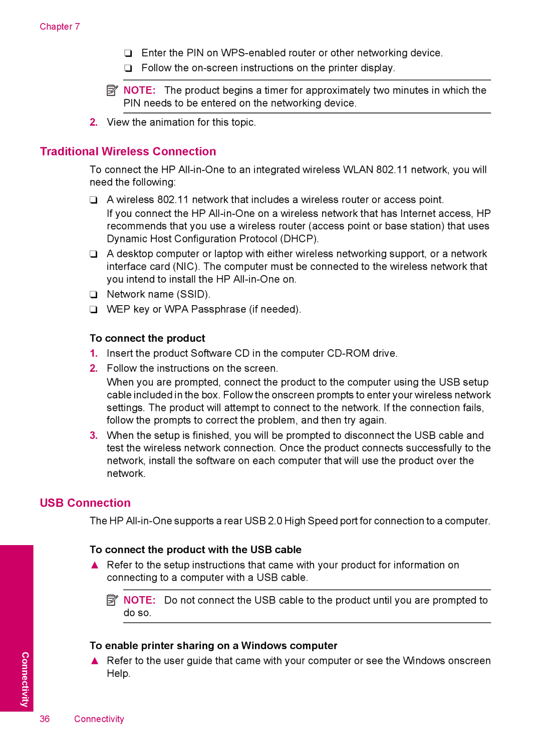 HP 3054 - J610a manual To connect the product with the USB cable, To enable printer sharing on a Windows computer 