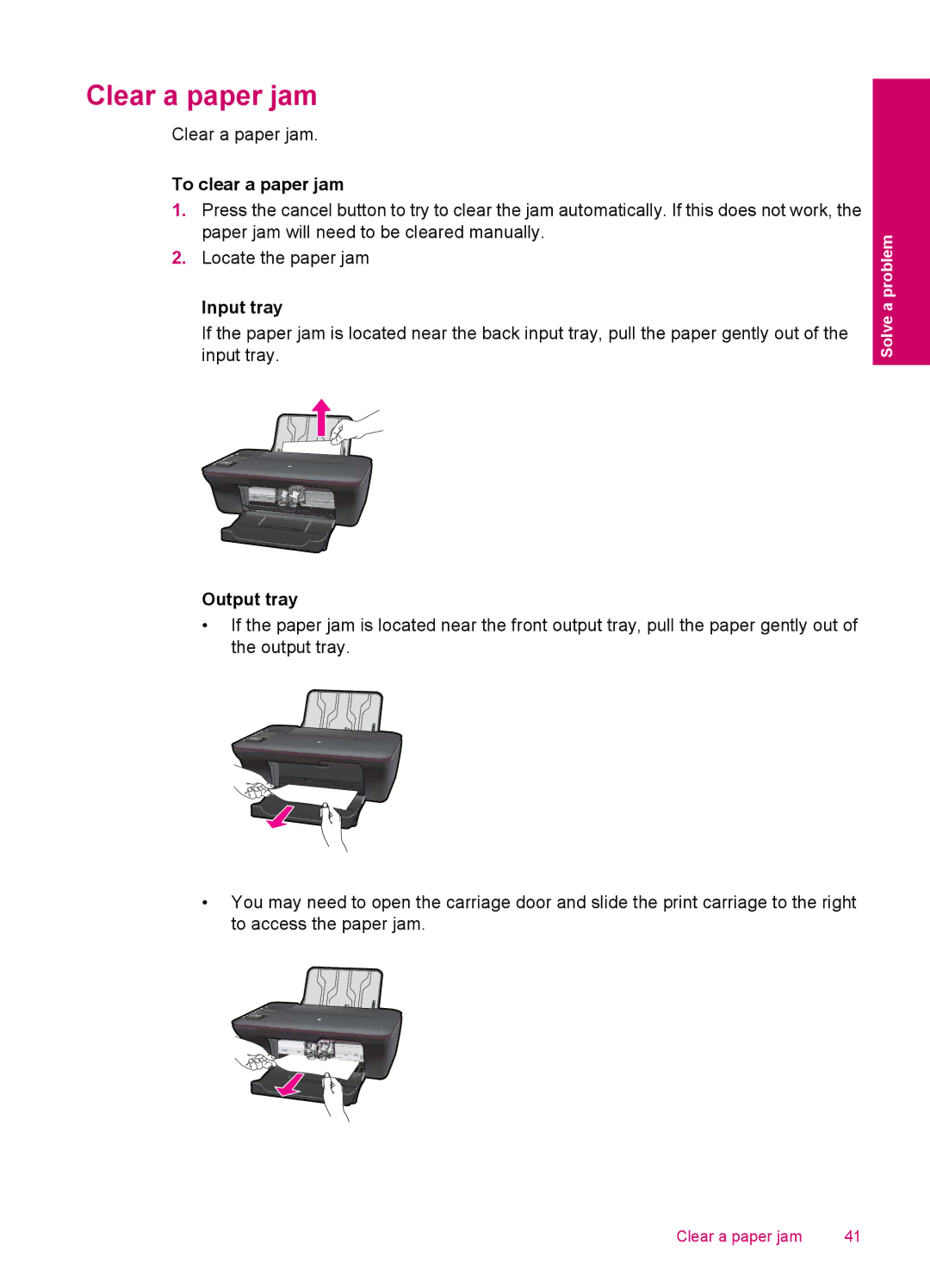 HP 3050 - J610a, 3054 - J610a manual Clear a paper jam, To clear a paper jam, Input tray, Output tray 