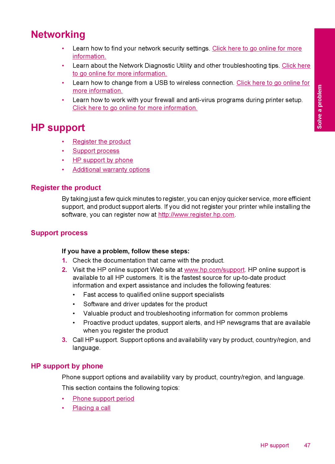 HP 3050 - J610a, 3054 - J610a manual Networking, HP support, If you have a problem, follow these steps 