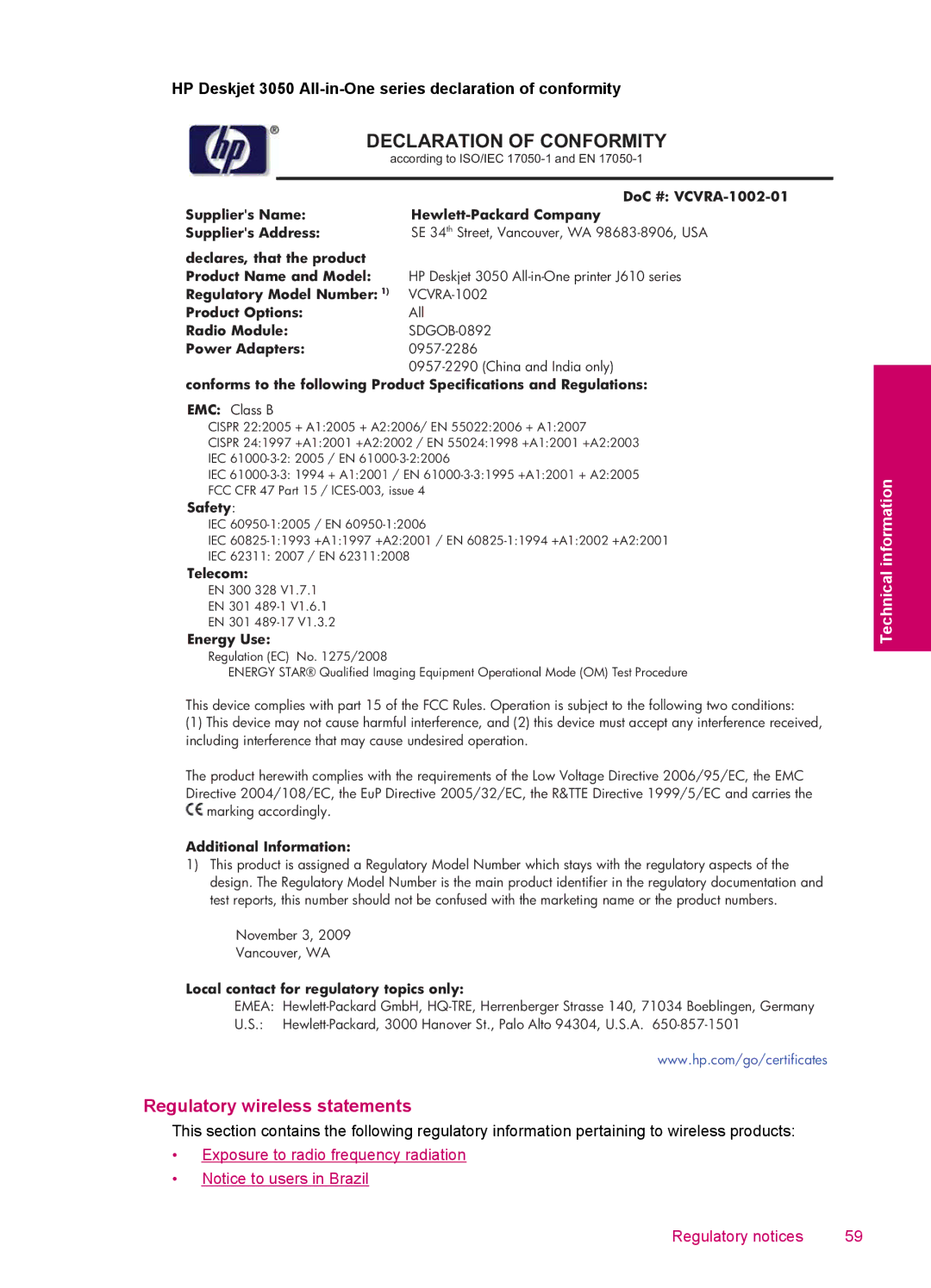 HP 3050 - J610a, 3054 - J610a manual Declaration of Conformity 