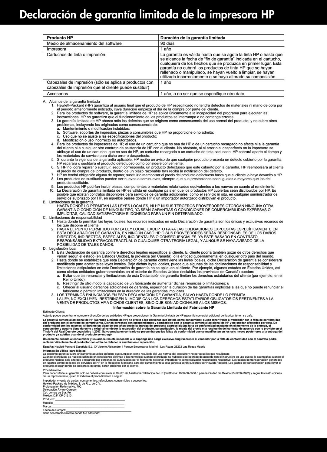 HP 3054 - J610a, 3050 - J610a manual Declaración de garantía limitada de la impresora HP 