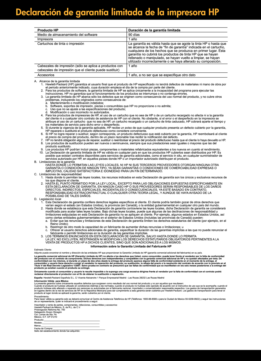 HP 3050A - J611a, 3056A, 3054A - J611j, 3051A - J611h, 3052A - J611g manual Declaración de garantía limitada de la impresora HP 