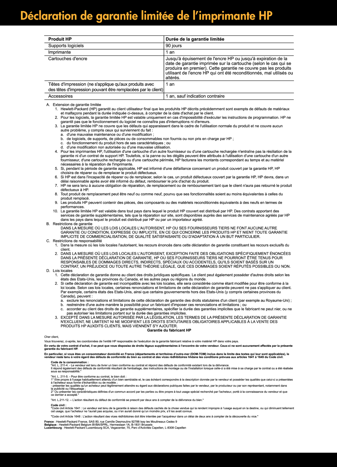 HP 3056A, 3054A - J611j, 3051A - J611h, 3052A - J611g, 3050A - J611a manual Déclaration de garantie limitée de l’imprimante HP 