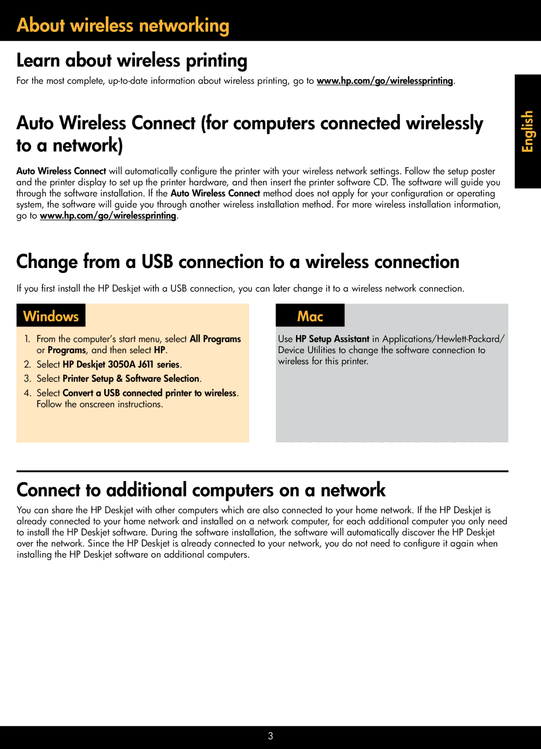 HP 3052A - J611g, 3056A, 3054A - J611j About wireless networking, Change from a USB connection to a wireless connection 