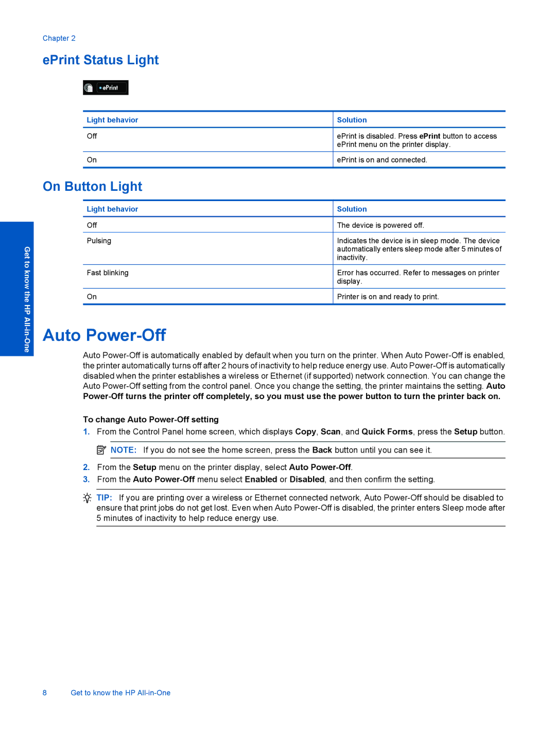 HP 3070 B611 manual Auto Power-Off, On Button Light 