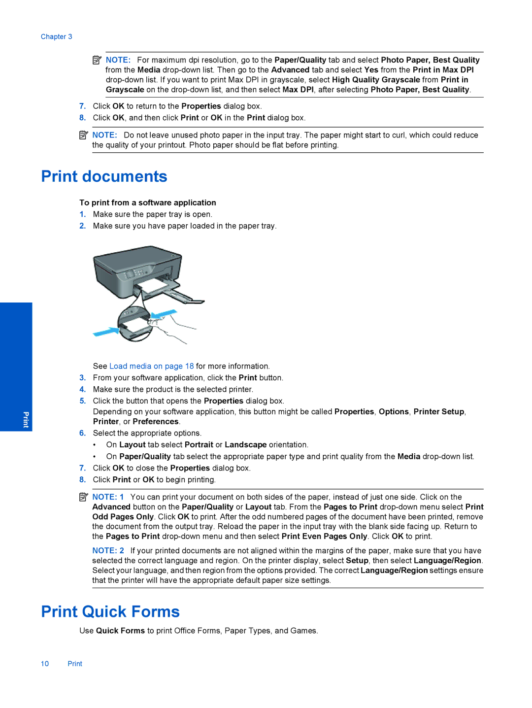 HP 3070 B611 manual Print documents, Print Quick Forms, To print from a software application 