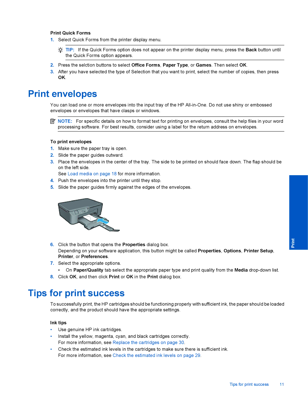 HP 3070 B611 manual Print envelopes, Tips for print success, Print Quick Forms, To print envelopes, Ink tips 