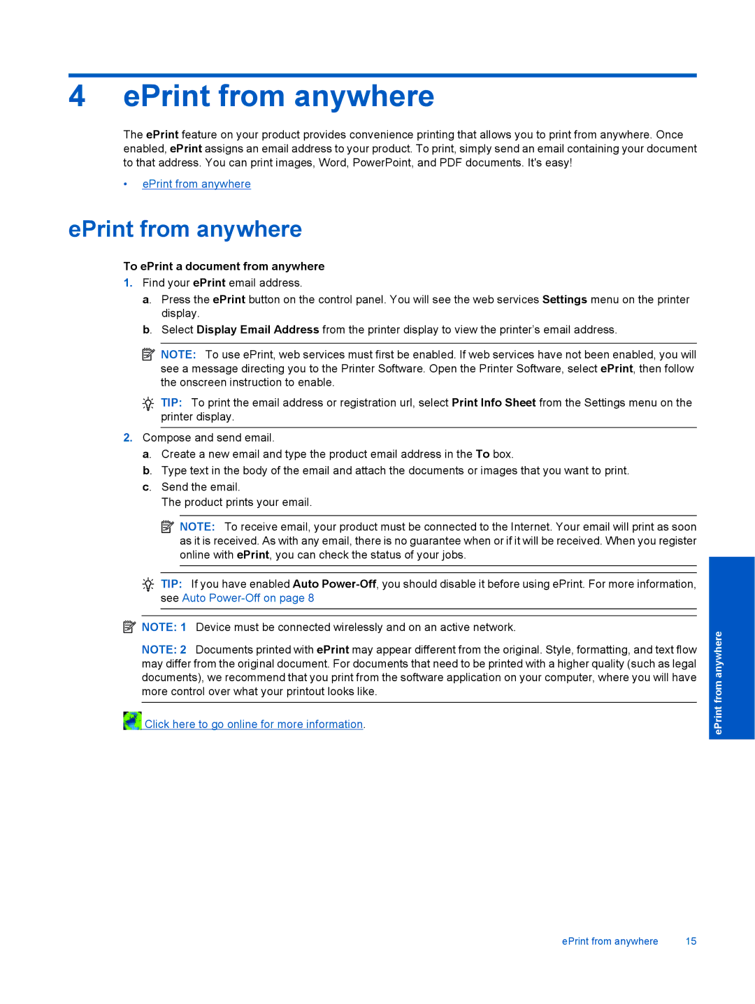 HP 3070 B611 manual EPrint from anywhere, To ePrint a document from anywhere 