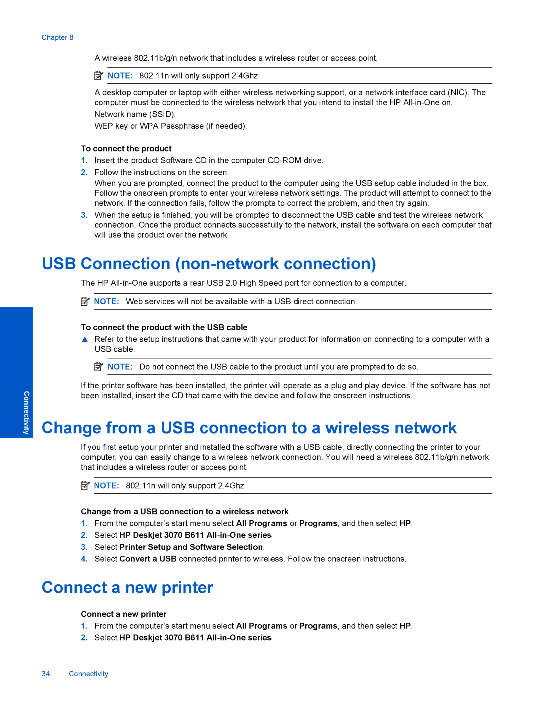 HP 3070 B611 manual USB Connection non-network connection, Change from a USB connection to a wireless network 