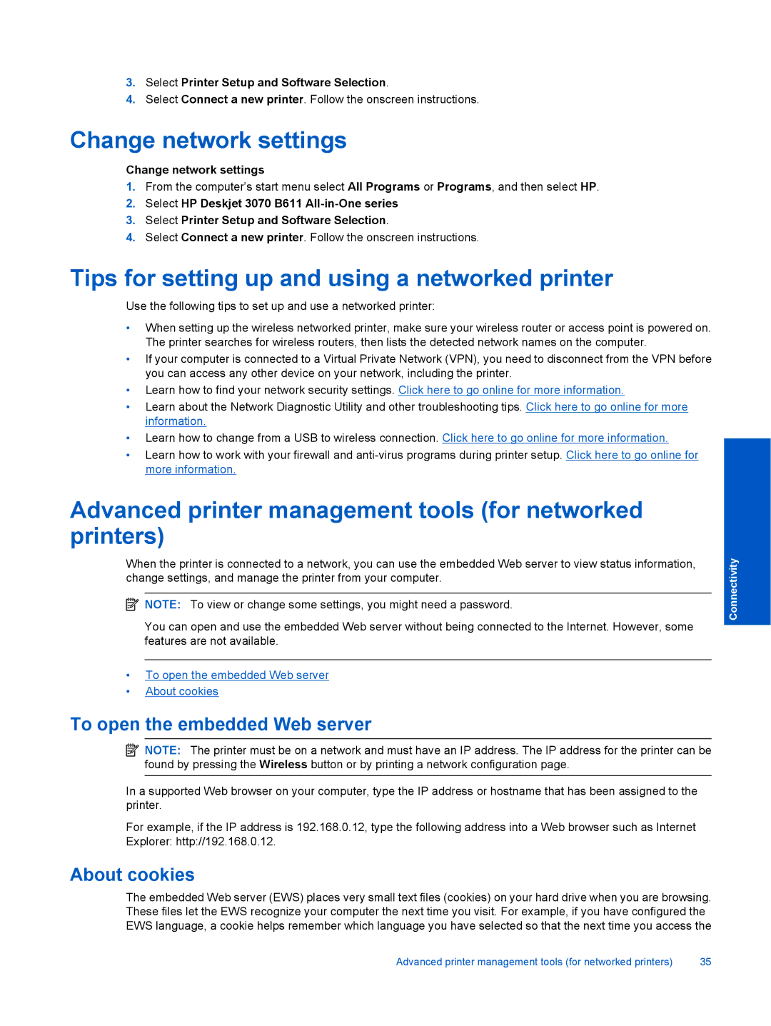 HP 3070 B611 manual Change network settings, Tips for setting up and using a networked printer 