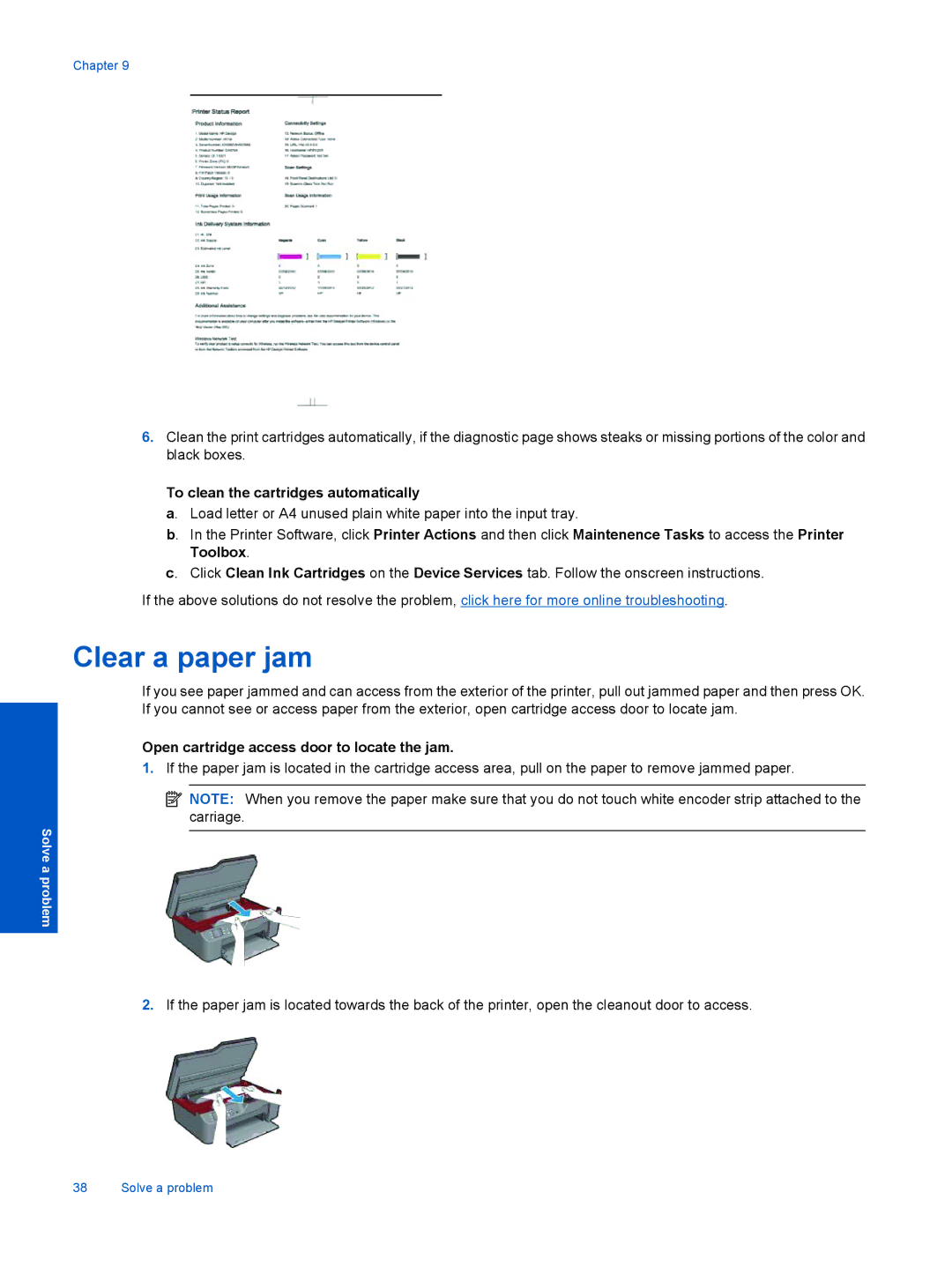 HP 3070 B611 manual Clear a paper jam, To clean the cartridges automatically, Open cartridge access door to locate the jam 