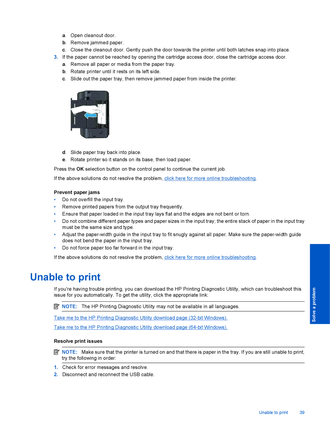 HP 3070 B611 manual Unable to print, Prevent paper jams, Resolve print issues 