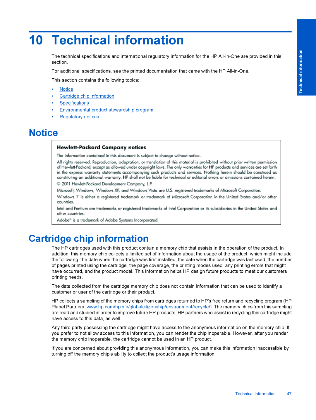 HP 3070 B611 manual Technical information, Cartridge chip information 