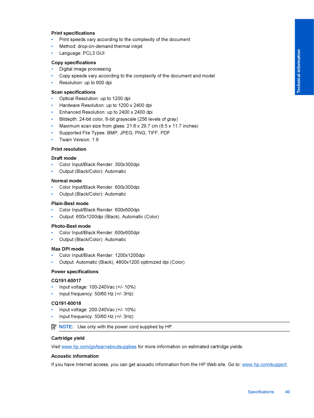 HP 3070 B611 Print specifications, Copy specifications, Scan specifications, Print resolution Draft mode, Normal mode 