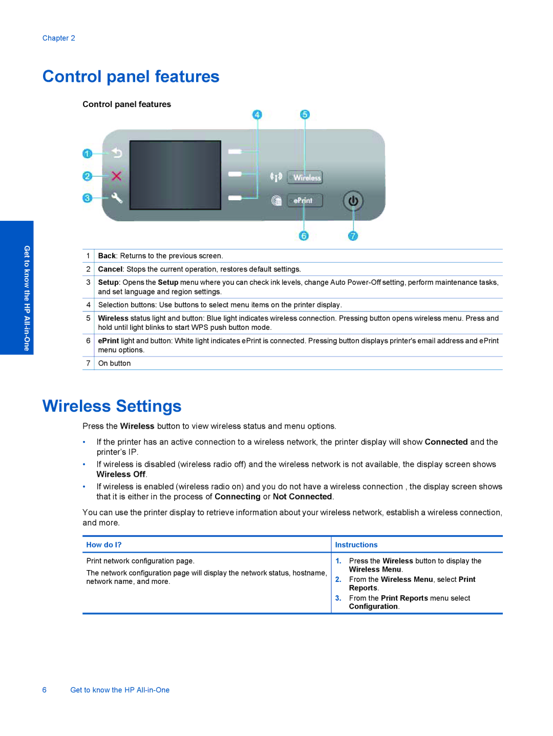 HP 3070 B611 manual Control panel features, Wireless Settings 