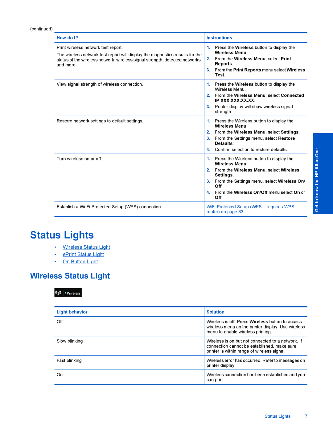 HP 3070 B611 manual Status Lights, From the Wireless Menu, select Settings 