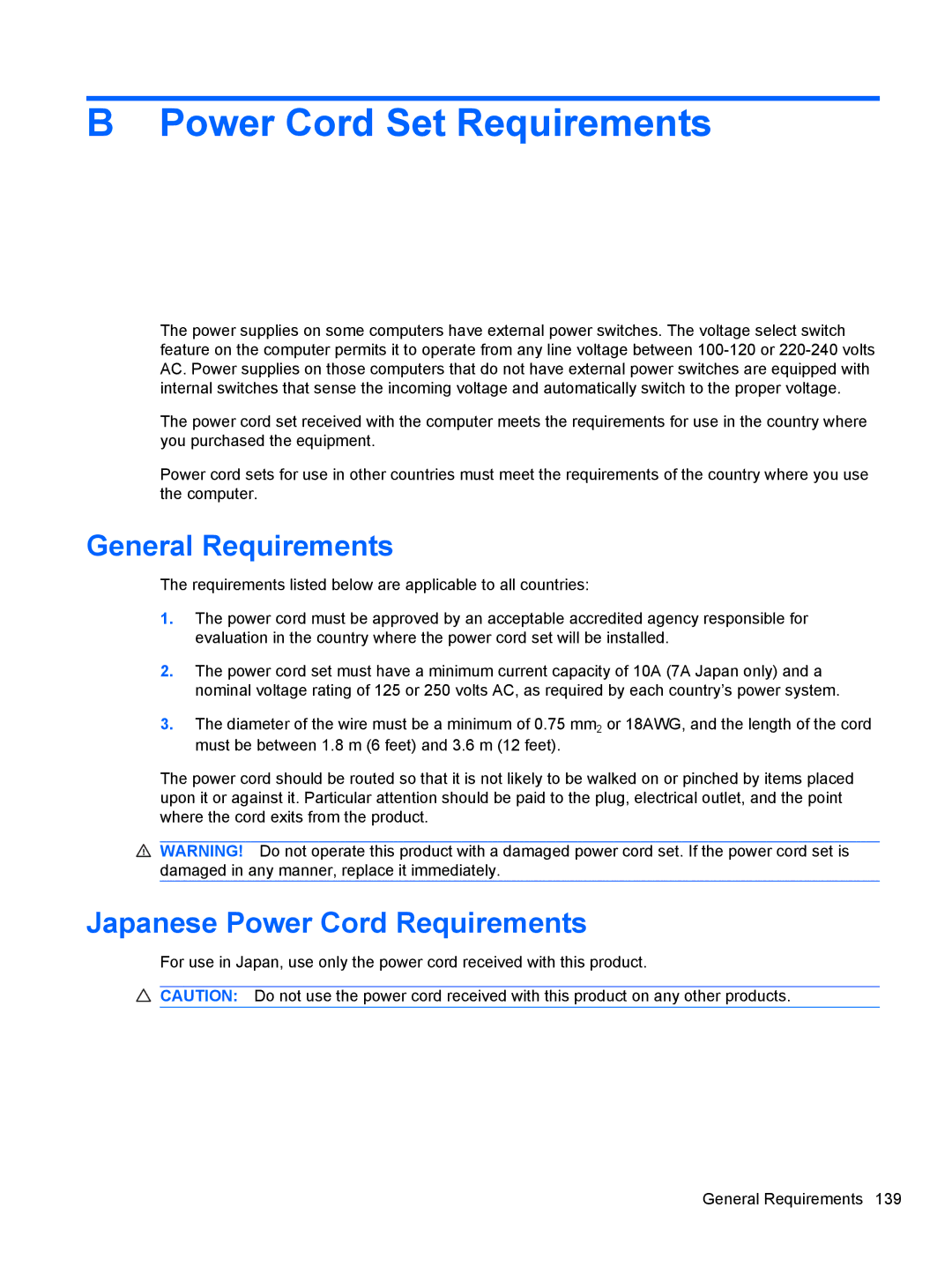 HP 3080 manual General Requirements, Japanese Power Cord Requirements 