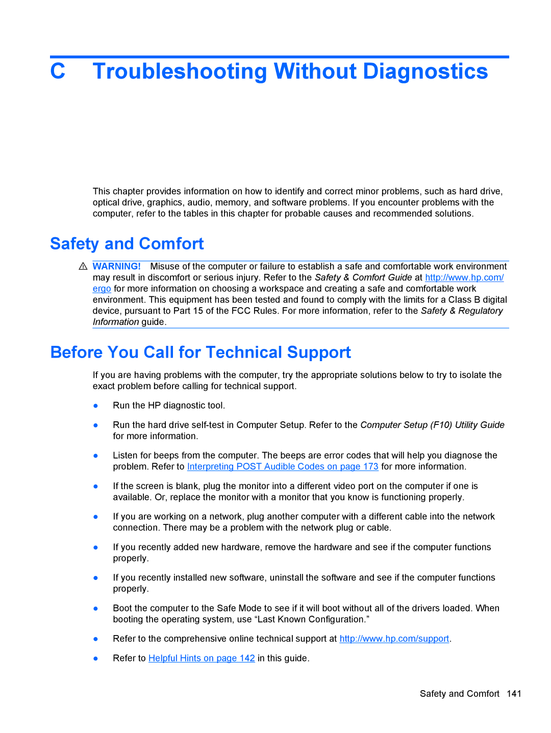 HP 3080 manual Troubleshooting Without Diagnostics, Safety and Comfort Before You Call for Technical Support 