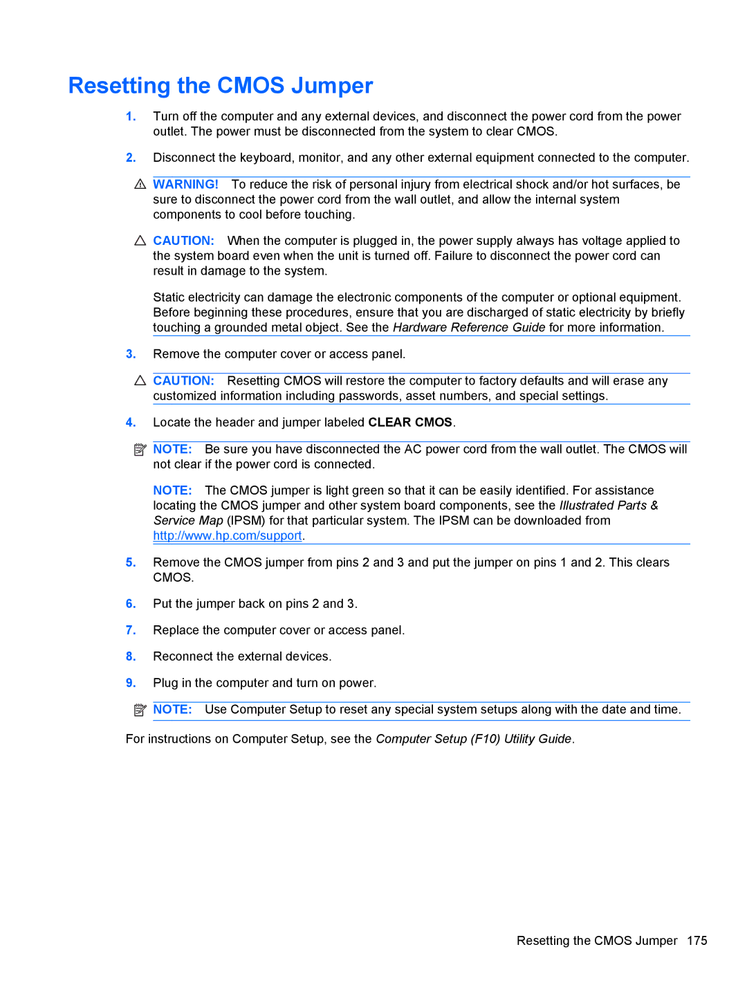 HP 3080 manual Resetting the Cmos Jumper 