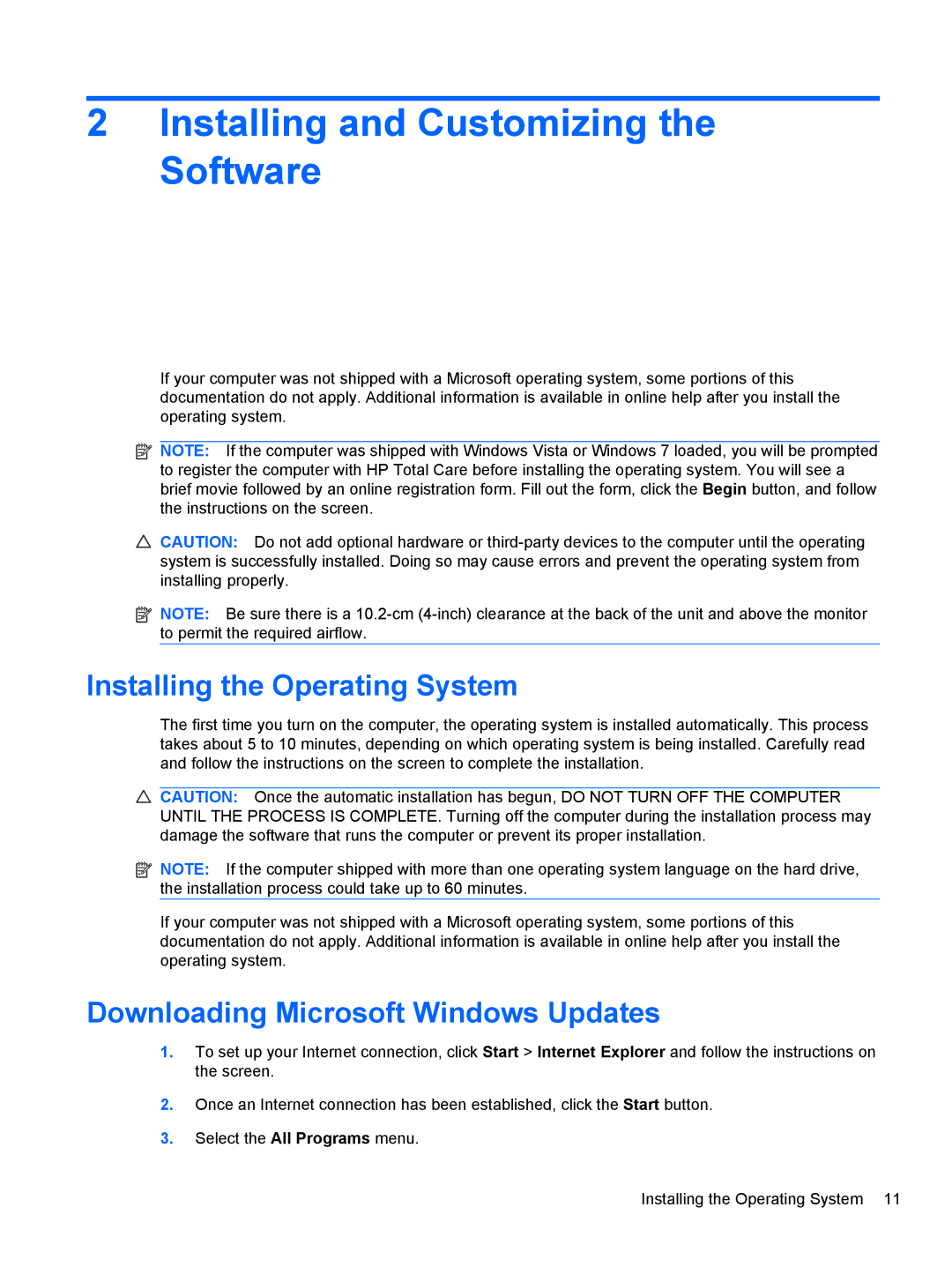 HP 3080 manual Installing the Operating System, Downloading Microsoft Windows Updates 